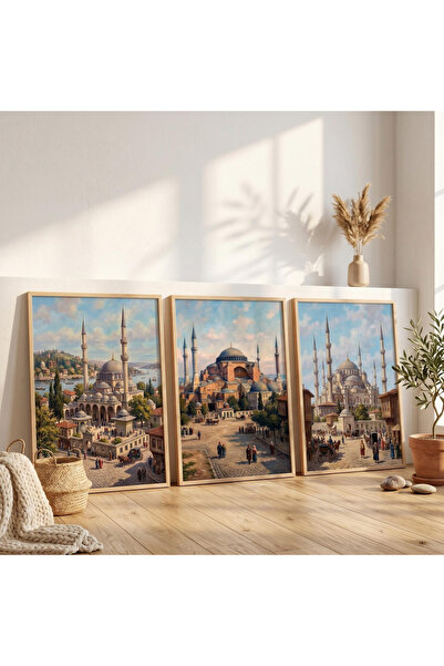 Tuba Decor 3 Piece Wooden Framed Living Room Hall Table Set Istanbul Mosques
