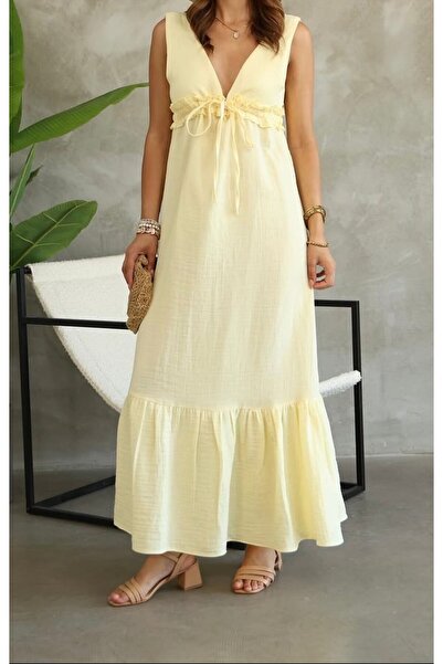 rose tml giyim Women's Light Yellow V-Neck Lace-Up Long Dress with Ruffle Detail
