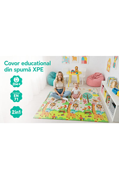 LUDIRO Covor educativ pliabil din spumă XPE, 200x180x1 cm, 2 fețe, Girafe și ...