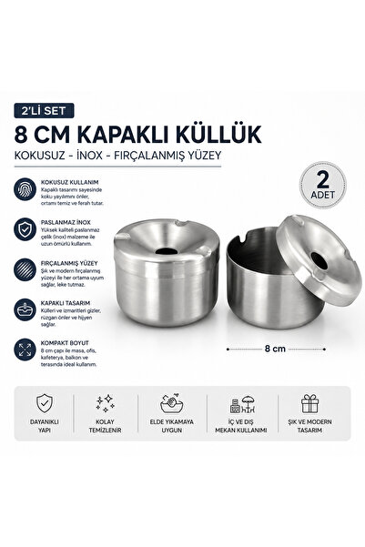 DİES 2'li Kokusuz Kapaklı Küllük 8 cm Paslanmaz Çelik İnox Masa Tipi Küllük
