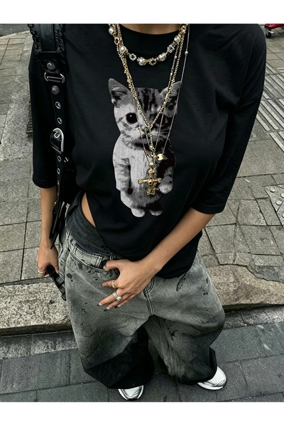 Toum Cute Cat Retro Printed Unisex Oversize T-Shirt