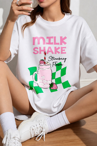 Velostra Women's Stawberry Milkshake Printed Oversize Crew Neck Cotton Casual...