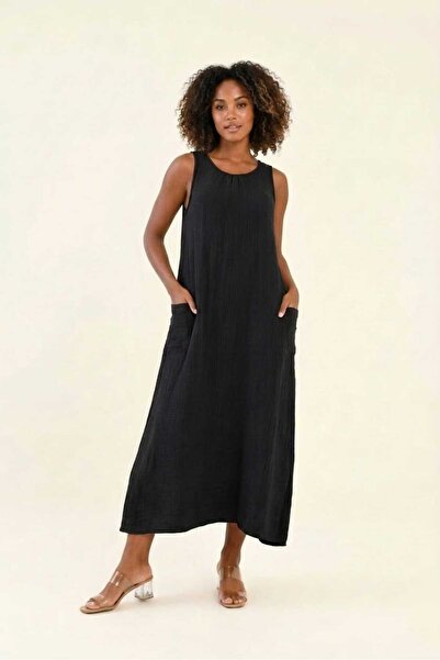 madam trend Black Women's 100% Cotton Muslin Fabric Pocketed Sleeveless Long ...