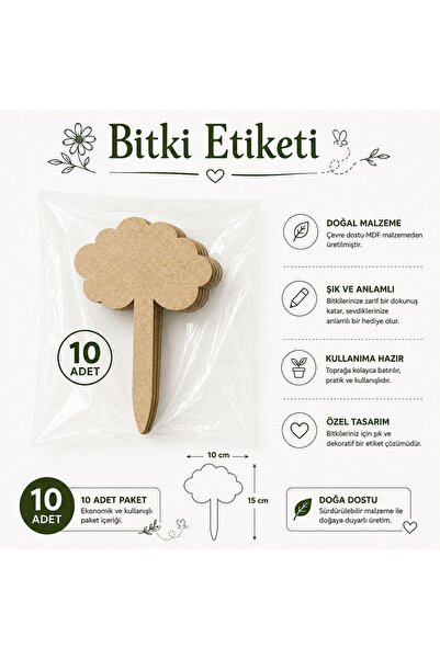 ArliaDesign Kişiye Özel Ahşap Bitki Etiketi 10'lu Set / Bulut Şekilli 3 MM Ham MDF Saksı Mini Bahçe Etiketi