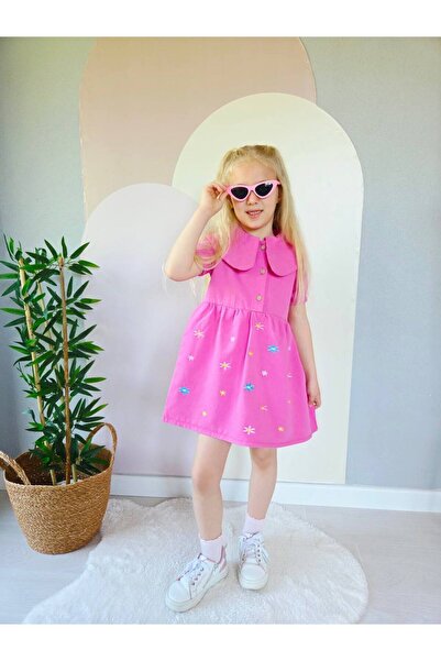 noble baby&kids Kız Çocuk %100 Pamuk Kot Elbise - Pembe Çiçek Nakışlı Bebek Y...