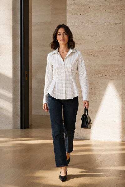 Polo State Women's White Square Patterned Waist-Slit Shirt