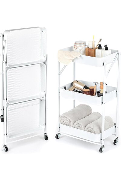 RENOVO 3-Tier Foldable Rolling Cart, Multi-functional Metal Kitchen Cart for ...