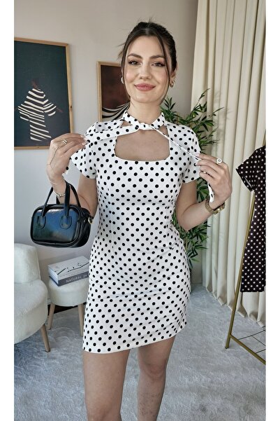 MEECY Rochie mini retro cu decolteu și șireturi, cu imprimeu cu buline, pentr...