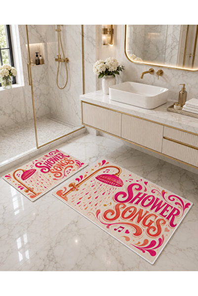 Evmila Pink Retro Written Shower Themed Bath Mat Dot Base Velvet