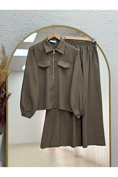 BENAHOLL Aksev Shirt, Zippered Skirt, Full Buttoned Suit-Mf605 Khaki