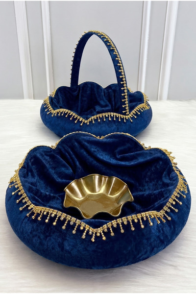 ZEYMERADE Navy Blue Bridal Henna Night Tray Basket Set, Velvet Shiny Stone De...