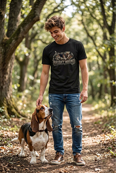 WİDİ Unisex Basset Hound Printed T-Shirt - Hunter Dogs Series Crew Neck Cotto...