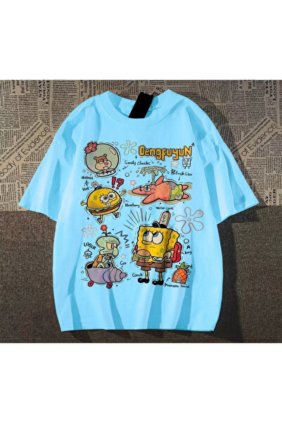 Vordevia Sponge Bob Printed White Oversize Unisex T-Shirt Basic Comfortable F...