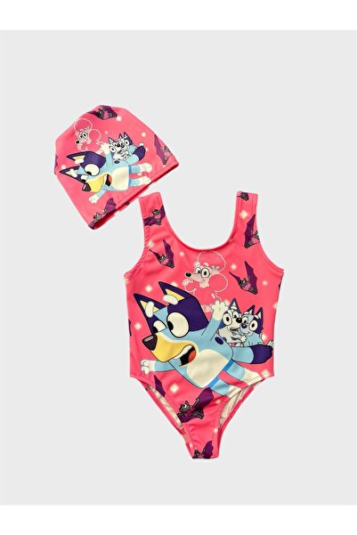 tusem butik homewear Girl's Pink Cute Character Patterned Boneli Swimsuit