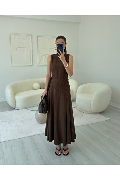 LUUNA STORE KAHVERENGİ ŞAL DETAYLI MİDİ ELBİSE
