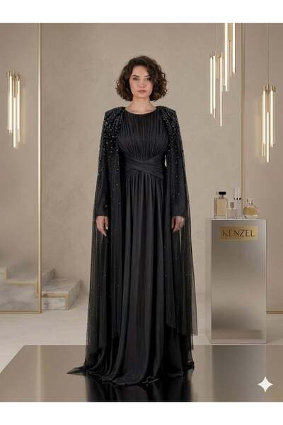 Kenzel Stone-Embellished Evening Dress with Shoulder Capes