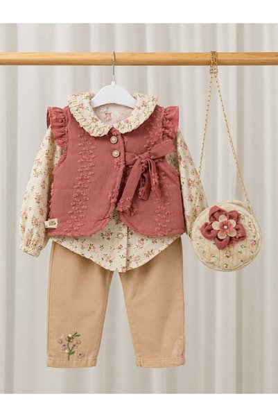 Miray baby kids Kız Çocuk Çiçek Desenli Yelekli Çantalı 4’lü Takım
