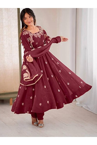 MYSMAR Maroon Crunchy Silk Embroidered Anarkali Set with Dupatta