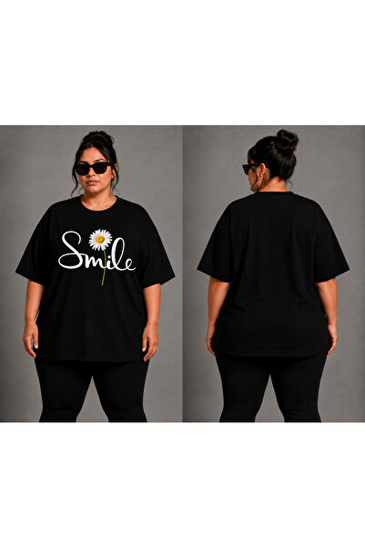 VODEXA Women's Oversize T-Shirt Smi̇les Printed 100% Cotton T-Shirt Large Siz...
