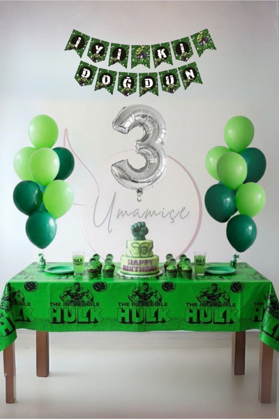 Umamiçe Hulk Themed 3Rd Birthday Party Set – Tablecloth + Banner + 3 Number B...