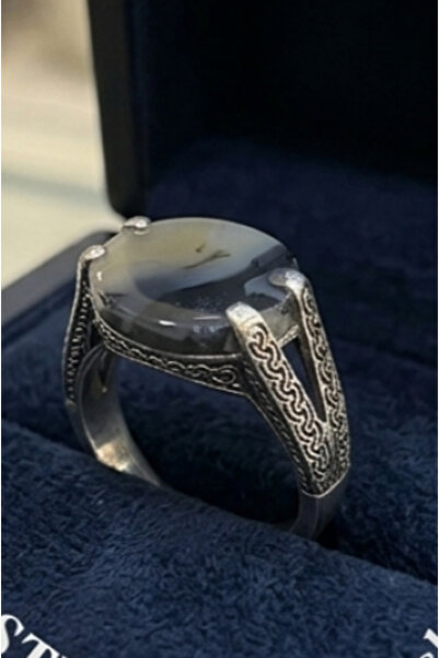 SH Royal Silver Shank Ring 925 Sterling with Wavy Black and White Stone