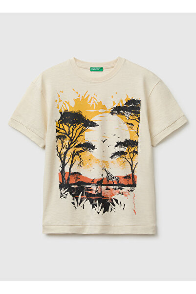 United Colors of Benetton Krem Erkek Çocuk Baskılı T-Shirt 3SDLC10TU
