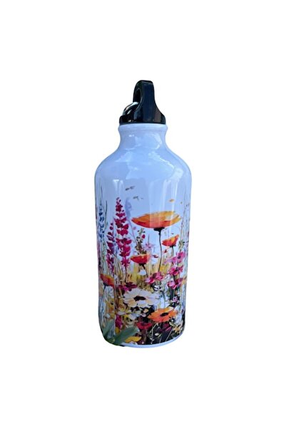 OEM Λευκό μεταλλικό αθλητικό μπουκάλι, 500ml, με φλοράλ σχέδιο