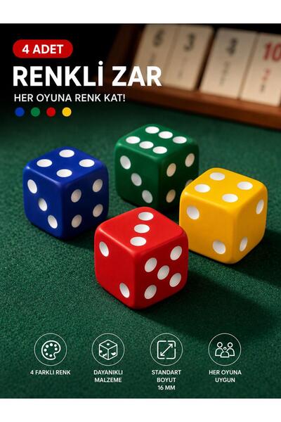 megame Renkli Plastik Okey Zarı 16 mm – 4’lü Set | Mavi Yeşil Kırmızı Sarı Zar