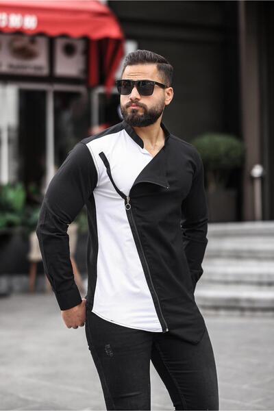 BAYIM Çift Renk Asimetrik Fermuarlı Erkek Slim Fit Gömlek