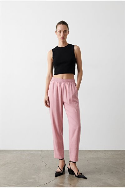 Quzu Elastični pojas detaljnih ženskih platnenih pantalona 71115 ROZE