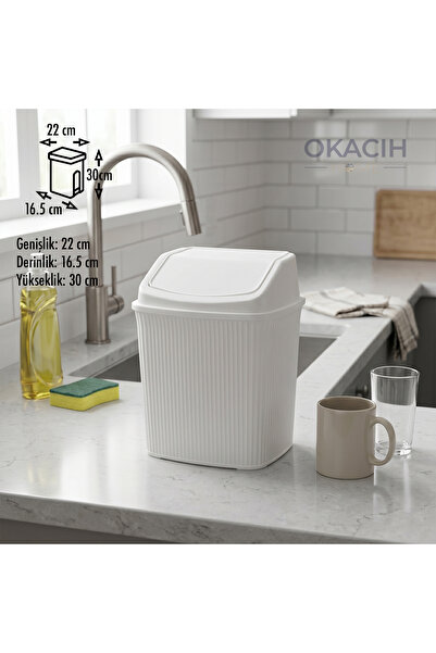 okacih Çizgili Çöp Kovası Banyo Ofis ve Mutfak İçin Click Kapaklı Kova 6 Litre