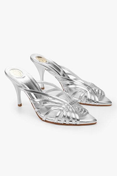 Shoeberry Women's Juan Silver Shiny Heeled Slippers