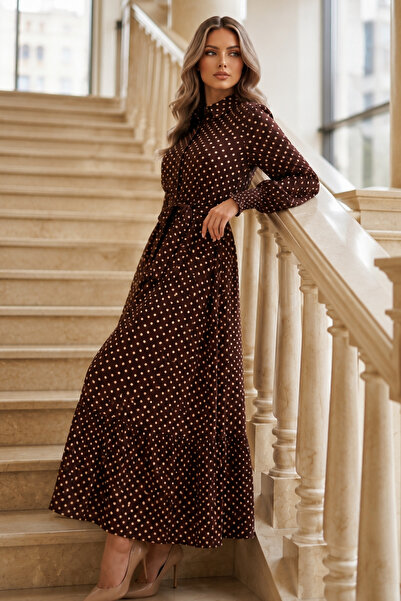 benguen Belted Polka Dot Hijab Dress B2589 Brown
