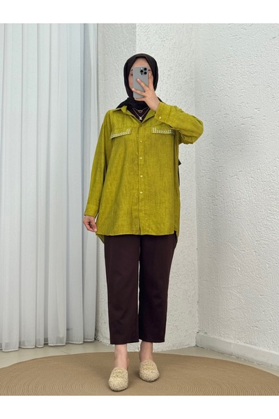 Holehola Nurefşan Double Pocket Closed Drop Strawberry Shirt-Na850 Oil Green