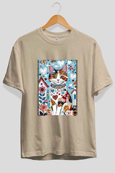 Ankhises For the Sake of Cats 102 Front Cat Printed Beige Oversize T-Shirt 10...