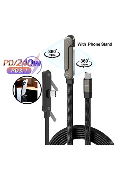 YoYoTech كابل شحن USB-C بقوة 240 واط 2 في 1 مع حامل غير مرئي، كابل من النوع C...
