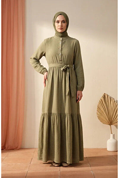 sefamerve Hakim Collar Half Button Belted Dress 0302-11 Light Khaki Green