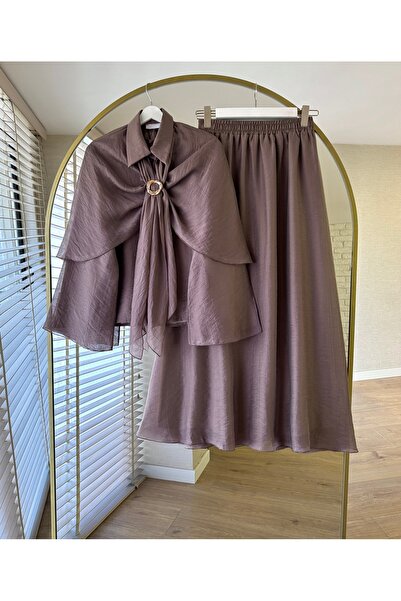 MY QILAM Women's Cape Voile Hijab Suit with Skirt, Gold Brooch Detail, Summer...