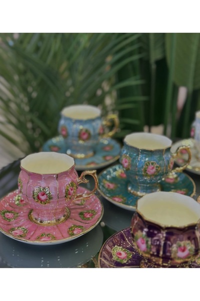 BY.RAYKA PORSELEN El Dekor Elegance Porselen El Boyama 6Li Cup Set