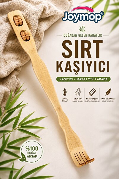 JOYMOP Ahşap Uzun Saplı Sırt Kaşıma El Masaj Aleti Tekerlekli Sırt Kaşıyıcı