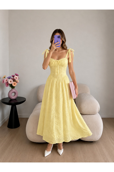 Ekim Store Rochie lungă din dantelă cu bretele festonate