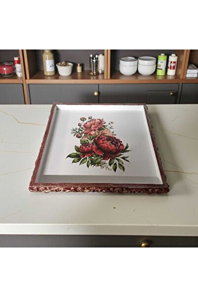 DERYA DESİNG ART Floral Patterned Hand Painted Embossed Wooden Tea-Coffee Tra...