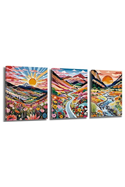 ALAYRA International Framed Boho Mountain Landscape Wall Art, Set of 3 Nature...