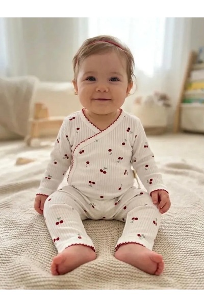 AKİ MODA KİDS Cherry Patterned Snap-On Bodysuit Baby Girl Set