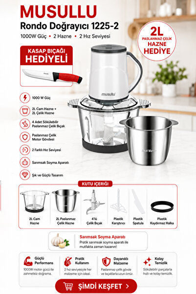 Musullu MSL-1225-2 1000W Çift Hazneli Rondo Doğrayıcı - Kasap Bıçağı Hediyeli