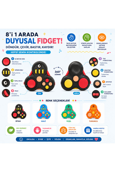 DOSTOYS 8'i 1 Arada Duyusal Fidget Stres Çarkı, 8 Farklı Fonksiyon, Ergonomik...