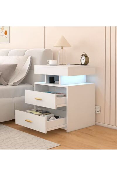 GoldenLike Nightstand with charger station and RGB Light, Modern Bedside Table