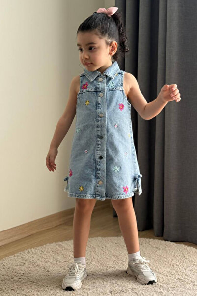 NOBLEKIDS Girl's Floral Embroidered Denim Dress Blue