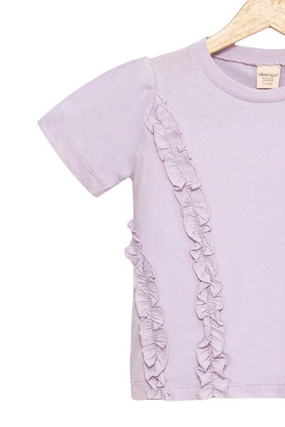 Divonette Girl's Lilac Short Sleeve 100% Cotton T-Shirt with Ruffles on the Front