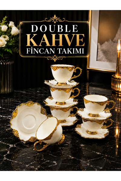 İnterlife Double Kahve Fincan Takımı Porselen Gold Detaylı 6 Kişilik | HEDİYE...